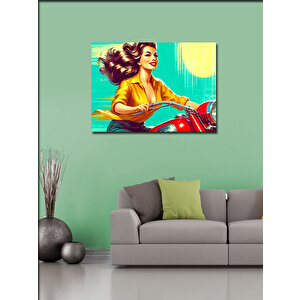 Kanvas Tablo Sarı Motosiklet Süren Kadın 50x70 cm