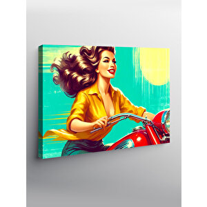 Kanvas Tablo Sarı Motosiklet Süren Kadın 100x140 cm