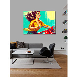 Kanvas Tablo Sarı Motosiklet Süren Kadın 100x140 cm