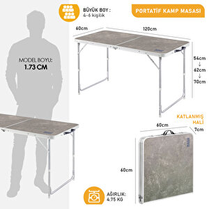 Haegs Portatif Kamp Masası, 3 Yükseklik Ayarlı, Katlanır Piknik Masası, Kolay Taşınabilir Alüminyum Masa - 120x60 - Antrasit