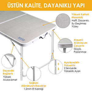 Haegs Portatif Kamp Masası, 3 Yükseklik Ayarlı, Katlanır Piknik Masası, Kolay Taşınabilir Alüminyum Masa - 80x50 - Kumaş Desenli