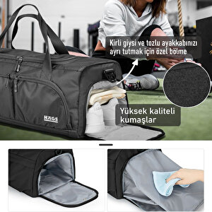 Haegs Spor Çantası, 10 Cepli, Ayakkabı Bölmeli, Su Geçirmez Islak Eşya Keseli, Organizer Tasarımlı Dayanıklı Bay Bayan Seyahat Çantası, Gym, Fitness Çantası, Medium - Lacivert