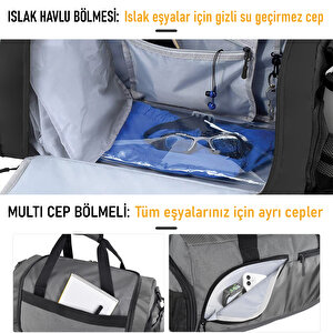 Haegs Spor Çantası, 10 Cepli, Ayakkabı Bölmeli, Su Geçirmez Islak Eşya Keseli, Organizer Tasarımlı Dayanıklı Bay Bayan Seyahat Çantası, Gym, Fitness Çantası, Medium - Lacivert