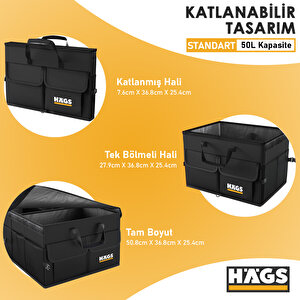 Haegs Araba Bagaj Çantası, Araç Içi Düzenleyici Organizer, Katlanabilir Oto Bagaj Düzenleyici, Oto Aksesuarları, Sağlam Araba Alet Eşya Düzenleyici - 50 Lt- Gri