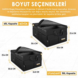 Haegs Araba Bagaj Çantası, Araç Içi Düzenleyici Organizer, Katlanabilir Oto Bagaj Düzenleyici, Oto Aksesuarları, Sağlam Araba Alet Eşya Düzenleyici - 50 Lt- Siyah