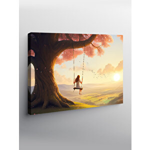 Kanvas Tablo Salıncaklı Kız Doğa Manzarası 100x140 cm