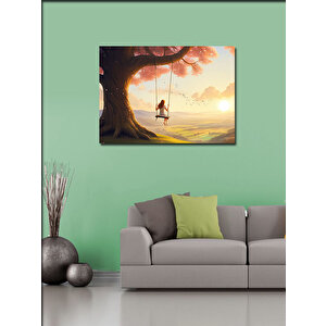 Kanvas Tablo Salıncaklı Kız Doğa Manzarası 100x140 cm