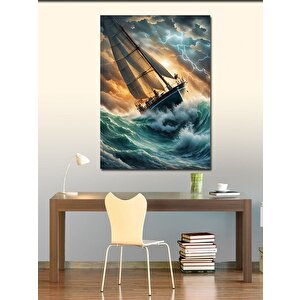 Kanvas Tablo Dalgalar Şimşek Ve Tekne 70x100 cm