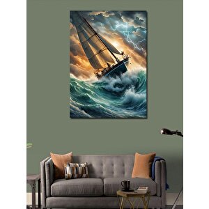 Kanvas Tablo Dalgalar Şimşek Ve Tekne 100x140 cm