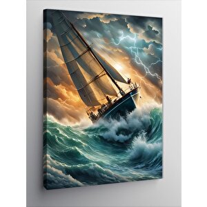 Kanvas Tablo Dalgalar Şimşek Ve Tekne 50x70 cm