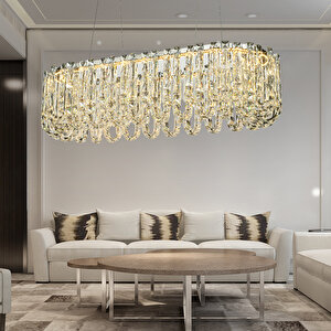 Zora Krom Sıralı 51 Watt Kristal Taşlı Modern Tasarım Yemeke Masası Üstü Salon  Led Avize