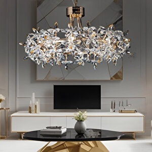 Mercan 60'lık Yuvarlak Gold Kristal Taşlı Modern Oturma Odası, Salon Avize