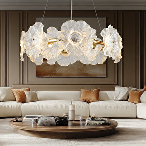 Mael 60 Watt Gold Çiçek Desenli Kristal Taşlı Modern Salon Led Sarkıt Avize