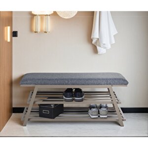 Pırıl Puflu Ayakkabılık 80 Cm Bej Metal Gri Kumaş
