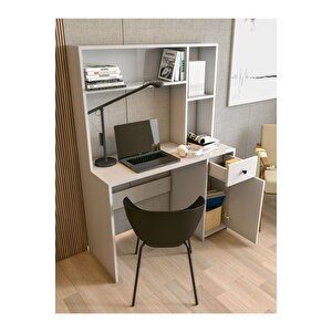 Çalışma Masası Parlak Beyaz Kitaplıklı Raflı Modern Masa