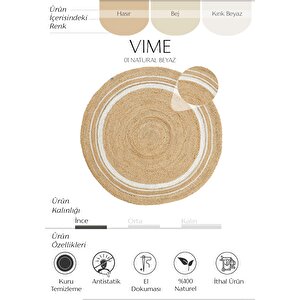 Vime 01r Natural Beyaz Yuvarlak Jüt Halı Yolluk El Dokuma Jüt Kilim Hasır Halı Bohem Halı 120x120 cm