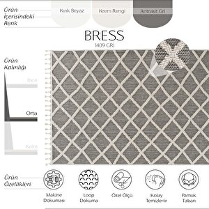 Bress 1409 Gri Hav Toz Vermez Hasır Dokulu Bukle Örgü Modern Desen Halı 120x180 cm