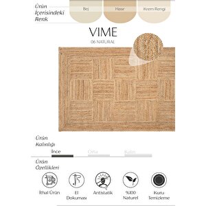 Vime 06 Natural Jüt Halı El Dokuma Jüt Kilim Hasır Halı Dekor Otantik Halı Bohem El Halısı 140x200 cm