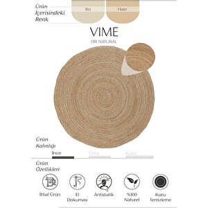 Vime 01r Natural Yuvarlak Jüt Halı Yolluk El Dokuma Jüt Kilim Hasır Otantik Bohem Halı 90x90 cm