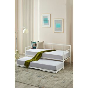 Veluna Yavrulu Daybed Tek-çift Kişilik Sedir Metal Karyola Beyaz 90x190 cm