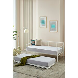 Veluna Yavrulu Daybed Tek-çift Kişilik Sedir Metal Karyola Beyaz 90x190 cm