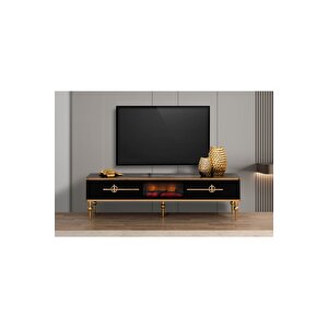 Asel Çekmeceli Siyah Gold Şömineli Tv Ünitesi
