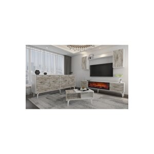 Sinta 180 Cm Şömineli(b) Tv Ünitesi, Konsol(kx180) Ve Orta Sehpa Salon Takımı Beyaz-efesmermer Beyaz