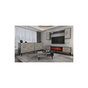 Sinta 180 Cm Şömineli(b) Tv Ünitesi, Konsol(kx180) Ve Orta Sehpa Salon Takımı Antrasit-efesmermer Efes Mermer