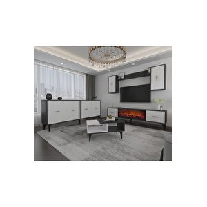 Sinta 180 Cm Şömineli(b) Tv Ünitesi, Konsol(kx180) Ve Orta Sehpa Salon Takımı Antrasit-beyaz Antrasit Beyaz