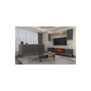 Sinta 180 Cm Şömineli(b) Tv Ünitesi, Konsol(kx180) Ve Orta Sehpa Salon Takımı Safirmeşe-antrasit Safir Meşe