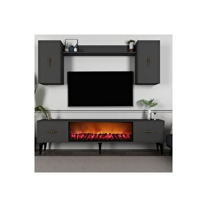 Sinta 180 Cm Şömineli(b) Tv Ünitesi, Konsol(kx180) Ve Orta Sehpa Salon Takımı Antrasit-antrasit Antrasit - Antrasit