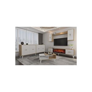 Sinta 180 Cm Şömineli(b) Tv Ünitesi, Konsol(kx180) Ve Orta Sehpa Salon Takımı Safirmeşe-beyaz Safirmeşe-Beyaz