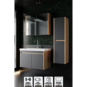 Dallas 80 Cm Lavabolu Aynalı Banyo Dolabı Lavabo Dahil Boy Dolabı Dahil S.meşe-antrasit