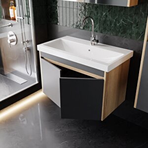 Dallas 80 Cm Lavabolu Aynalı Banyo Dolabı Lavabo Dahil Boy Dolabı Dahil S.meşe-antrasit