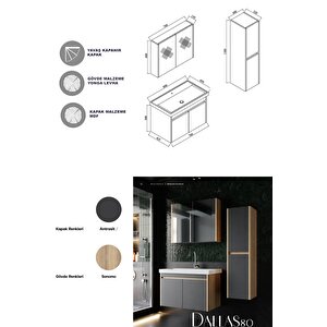 Karen Banyo Dallas 80 Cm Lavabolu Aynalı Banyo Dolabı Lavabo Dahil Boy Dolabı Dahil S.meşe-antrasit