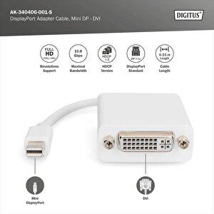 Mini Displayport (dp) &lt;-&gt; Dvi-i Adaptörü, Kablolu, Mini Dp Erkek &lt;-&gt;- Dvi-i (24+5) Dişi, 0.15 Metre, Dp 1.1a Uyumlu, D