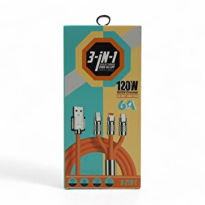 Type-c - Lightning - Micro Usb 120w 6a 3-in-1 Çoklu Şarj Kablosu Turuncu