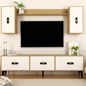 Hiraa 180 Cm Tv Ünitesi, Konsol(kx180) Ve Orta Sehpa Salon Takımı Safirmeşe-Beyaz Beyaz-Safir Meşe