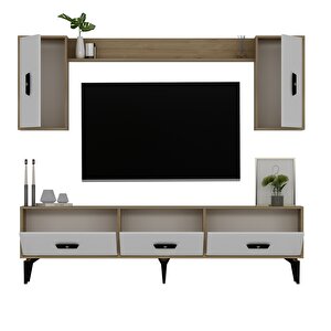 Hiraa 180 Cm Tv Ünitesi, Konsol(kx180) Ve Orta Sehpa Salon Takımı Safirmeşe-Beyaz Beyaz-Safir Meşe
