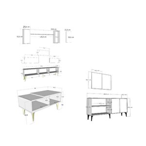Hiraa 180 Cm Tv Ünitesi, Konsol(kx180) Ve Orta Sehpa Salon Takımı Safirmeşe-Beyaz
