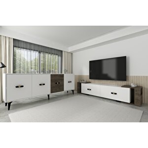 Cherryct 180 Cm Konsol (kx180) Ve Tv Sehpası 2'li Salon Takımı Beyaz-Ceviz Beyaz - Ceviz