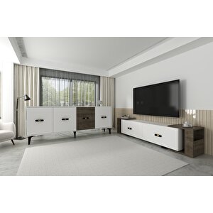 Cherryct 180 Cm Konsol (kx180) Ve Tv Sehpası 2'li Salon Takımı Beyaz-Ceviz Beyaz - Ceviz