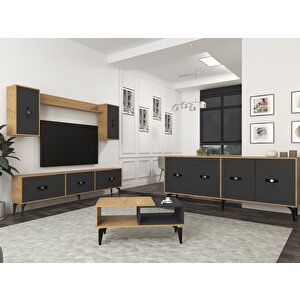Hiraa 180 Cm Tv Ünitesi, Konsol(kx180) Ve Orta Sehpa Salon Takımı Safirmeşe-Antrasit Antrasit-Safirmeşe