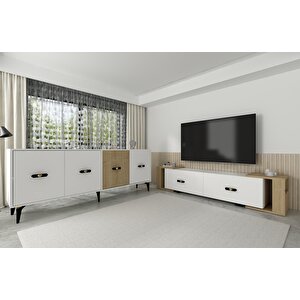 Cherryct 180 Cm Konsol (kx180) Ve Tv Sehpası 2'li Salon Takımı Beyaz-Safirmeşe Beyaz-Safirmeşe