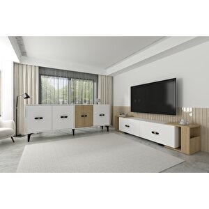 Cherryct 180 Cm Konsol (kx180) Ve Tv Sehpası 2'li Salon Takımı Beyaz-Safirmeşe Beyaz-Safirmeşe