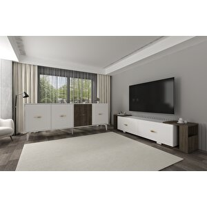 Veryct 180 Cm Konsol (kx180) Ve Tv Sehpası 2'li Salon Takımı Beyaz-Ceviz Beyaz - Ceviz