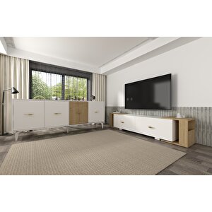 Veryct 180 Cm Konsol (kx180) Ve Tv Sehpası 2'li Salon Takımı Beyaz-Safirmeşe Beyaz-Safir Meşe