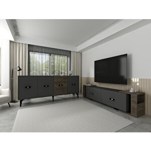 Cherryct 180 Cm Konsol (kx180) Ve Tv Sehpası 2'li Salon Takımı Antrasit-Ceviz Antrasit Ceviz