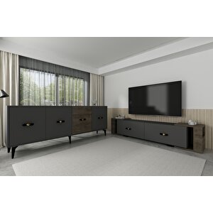 Cherryct 180 Cm Konsol (kx180) Ve Tv Sehpası 2'li Salon Takımı Antrasit-Ceviz Antrasit Ceviz