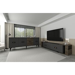 Cherryct 180 Cm Konsol (kx180) Ve Tv Sehpası 2'li Salon Takımı Antrasit-Ceviz Antrasit Ceviz